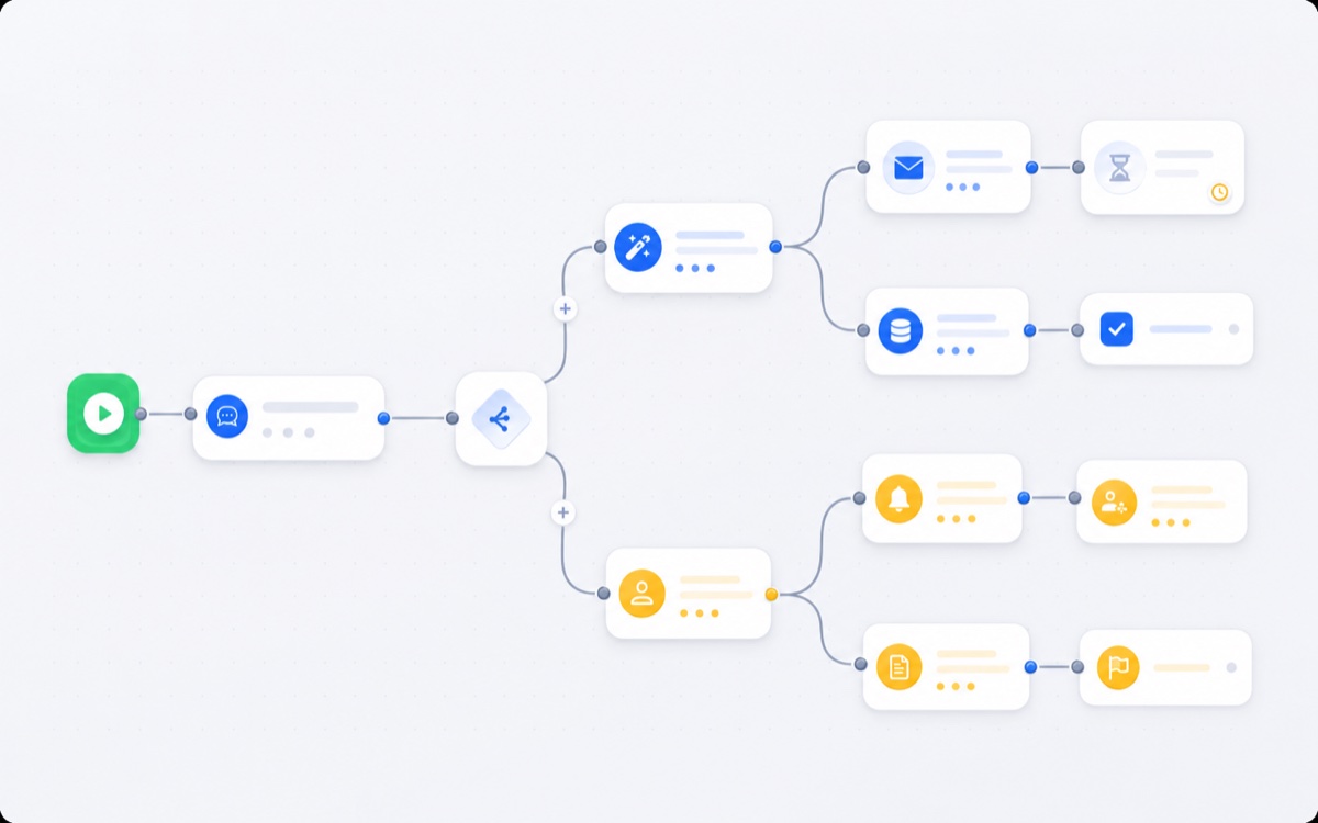 UChat visual flow builder — drag-and-drop: greet, qualify, branch, book and sell, no code